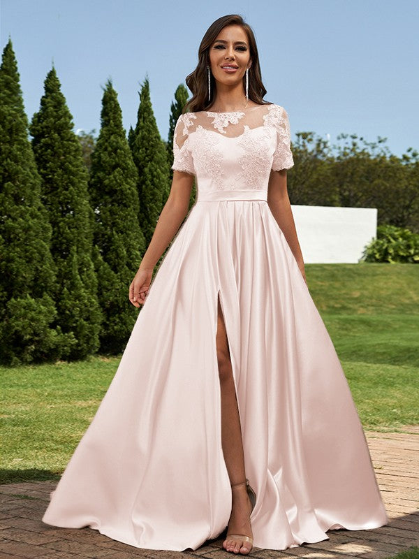 A-Line/Princess Satin Applique Scoop Short Sleeves Floor-Length Bridesmaid Dresses