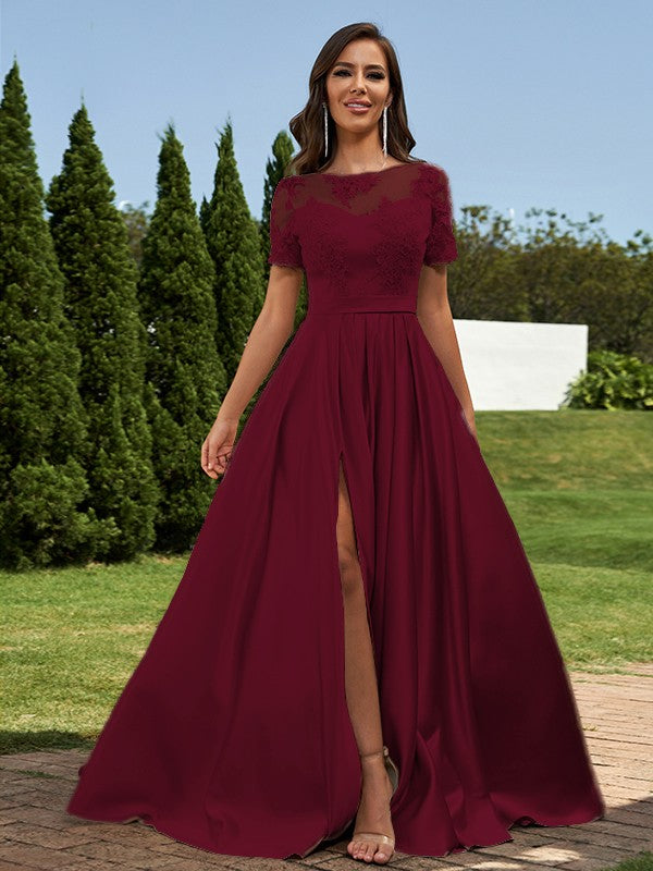 A-Line/Princess Satin Applique Scoop Short Sleeves Floor-Length Bridesmaid Dresses