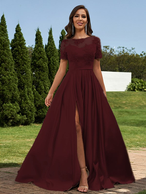 A-Line/Princess Satin Applique Scoop Short Sleeves Floor-Length Bridesmaid Dresses