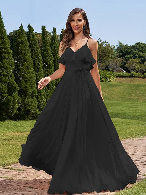 A-Line/Princess Chiffon Sash/Ribbon/Belt V-Neck Sleeveless Floor-Length Bridesmaid Dresses