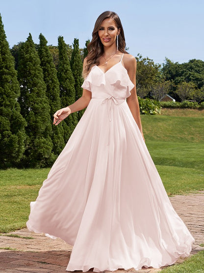 A-Line/Princess Chiffon Sash/Ribbon/Belt V-Neck Sleeveless Floor-Length Bridesmaid Dresses