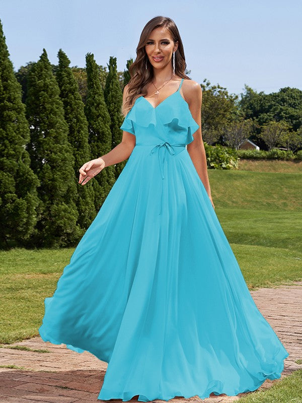 A-Line/Princess Chiffon Sash/Ribbon/Belt V-Neck Sleeveless Floor-Length Bridesmaid Dresses