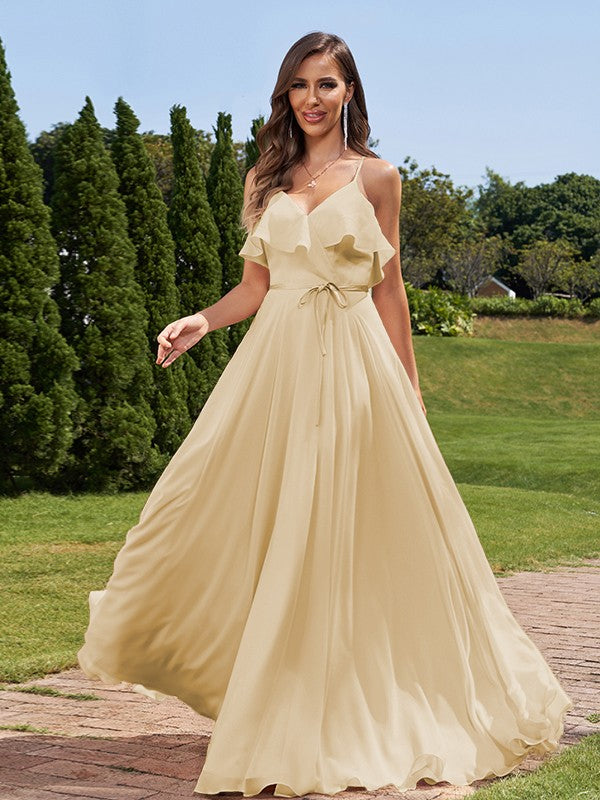 A-Line/Princess Chiffon Sash/Ribbon/Belt V-Neck Sleeveless Floor-Length Bridesmaid Dresses