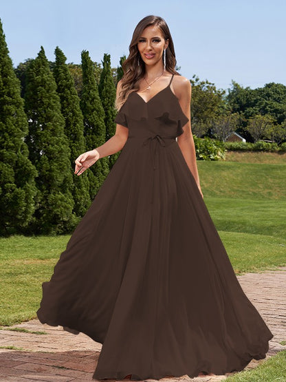 A-Line/Princess Chiffon Sash/Ribbon/Belt V-Neck Sleeveless Floor-Length Bridesmaid Dresses