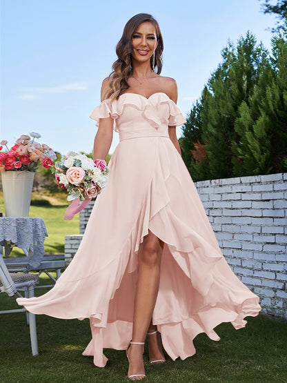 A-Line/Princess Chiffon Ruffles Off-The-Shoulder Sleeveless Asymmetrical Bridesmaid Dresses