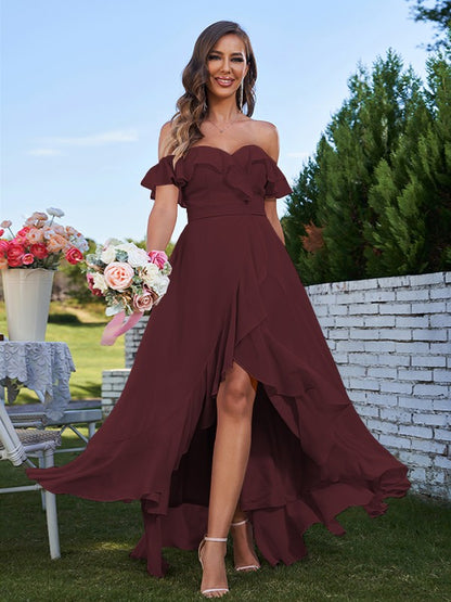 A-Line/Princess Chiffon Ruffles Off-The-Shoulder Sleeveless Asymmetrical Bridesmaid Dresses