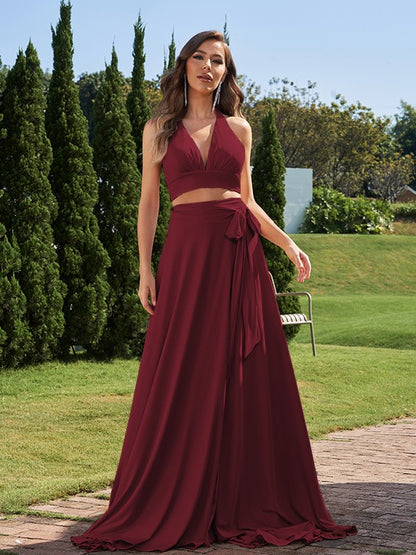 A-Line/Princess Jersey Bowknot Halter Sleeveless Sweep/Brush Train Two Piece Bridesmaid Dresses