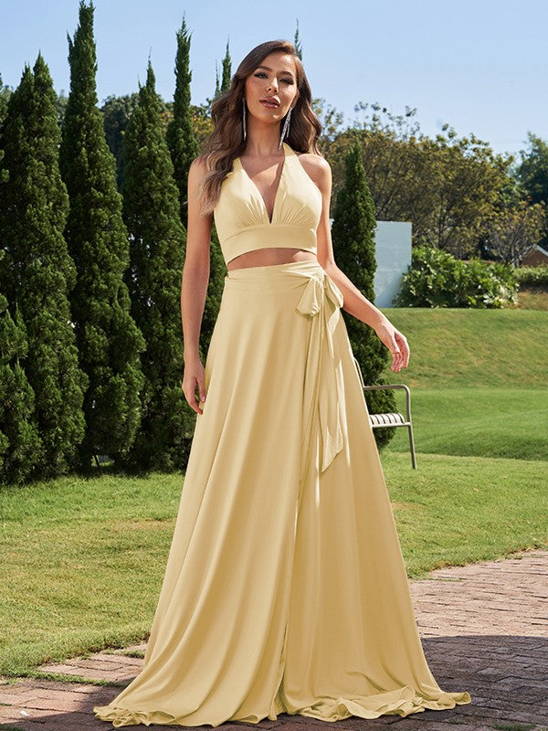 A-Line/Princess Jersey Bowknot Halter Sleeveless Sweep/Brush Train Two Piece Bridesmaid Dresses