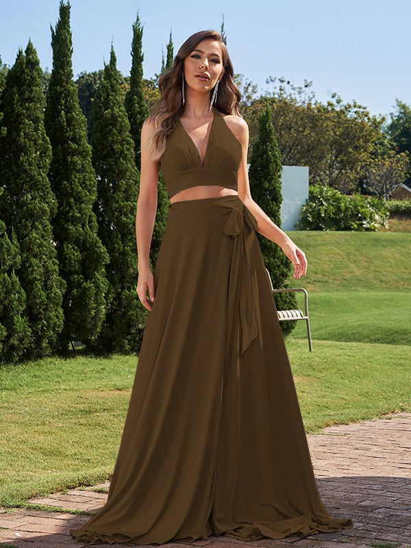 A-Line/Princess Jersey Bowknot Halter Sleeveless Sweep/Brush Train Two Piece Bridesmaid Dresses