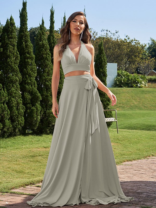 A-Line/Princess Jersey Bowknot Halter Sleeveless Sweep/Brush Train Two Piece Bridesmaid Dresses