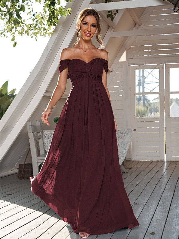 A-Line/Princess Chiffon Ruched Off-The-Shoulder Sleeveless Floor-Length Bridesmaid Dresses