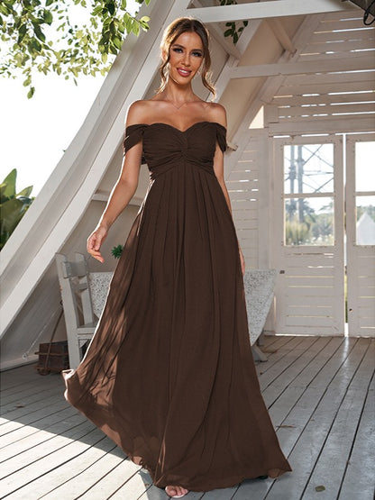 A-Line/Princess Chiffon Ruched Off-The-Shoulder Sleeveless Floor-Length Bridesmaid Dresses