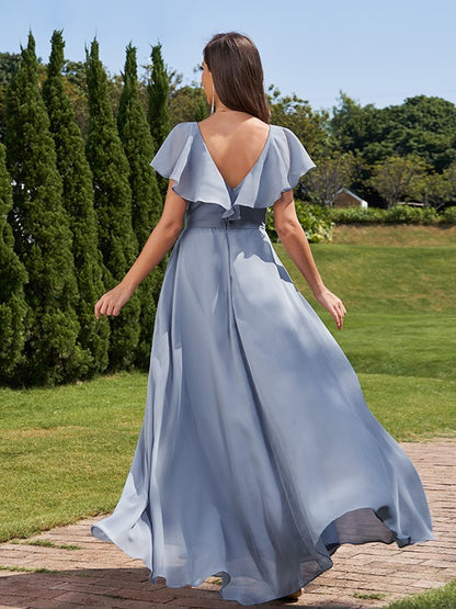 A-Line/Princess Chiffon Ruched V-Neck Short Sleeves Floor-Length Bridesmaid Dresses