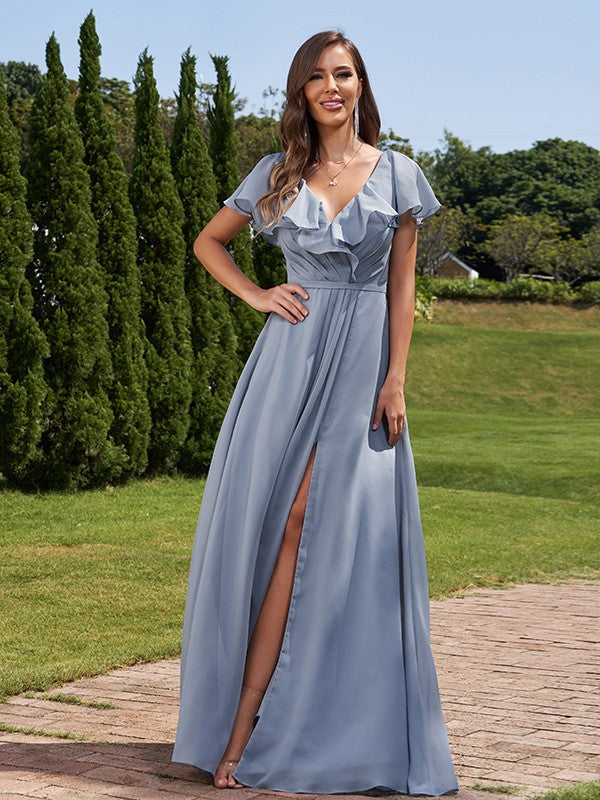 A-Line/Princess Chiffon Ruched V-Neck Short Sleeves Floor-Length Bridesmaid Dresses