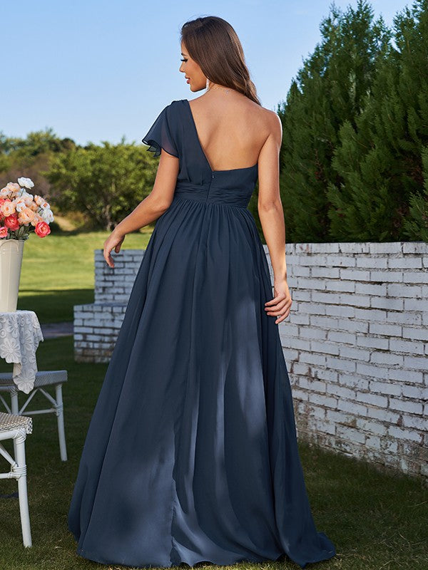 A-Line/Princess Chiffon Ruched One-Shoulder Short Sleeves Floor-Length Bridesmaid Dresses