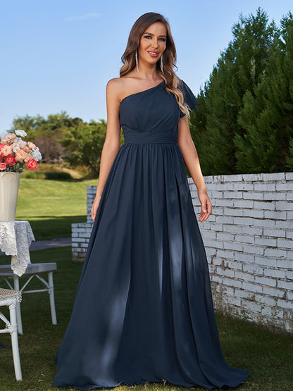 A-Line/Princess Chiffon Ruched One-Shoulder Short Sleeves Floor-Length Bridesmaid Dresses