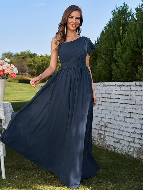 A-Line/Princess Chiffon Ruched One-Shoulder Short Sleeves Floor-Length Bridesmaid Dresses