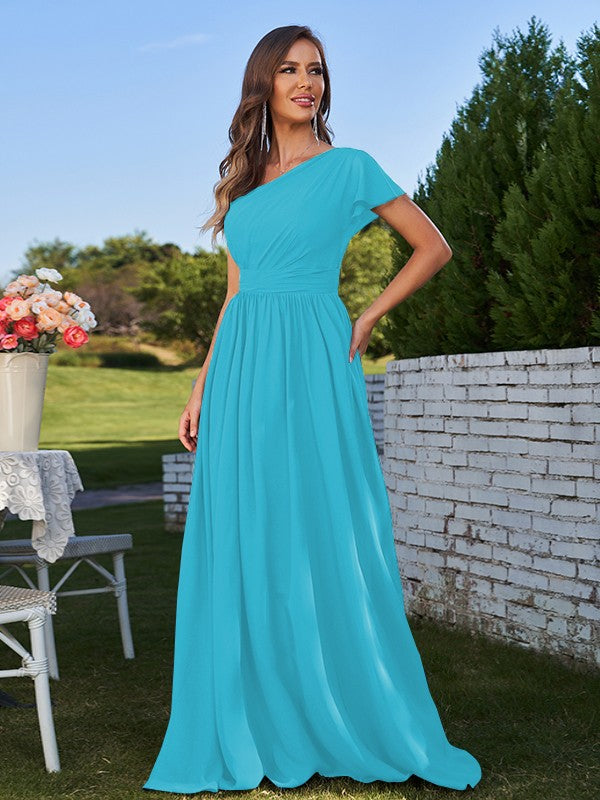 A-Line/Princess Chiffon Ruched One-Shoulder Short Sleeves Floor-Length Bridesmaid Dresses