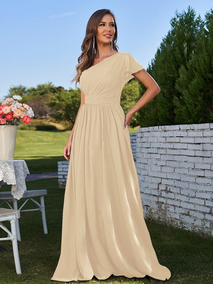 A-Line/Princess Chiffon Ruched One-Shoulder Short Sleeves Floor-Length Bridesmaid Dresses