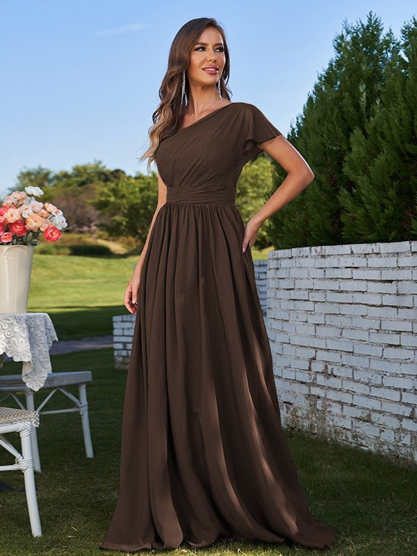 A-Line/Princess Chiffon Ruched One-Shoulder Short Sleeves Floor-Length Bridesmaid Dresses