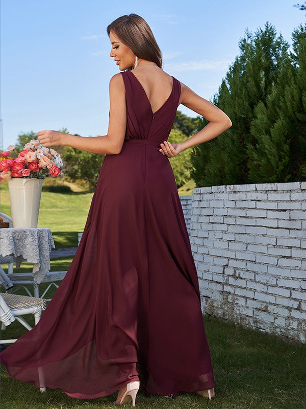 A-Line/Princess Chiffon Ruched V-Neck Sleeveless Floor-Length Bridesmaid Dresses