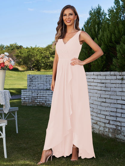 A-Line/Princess Chiffon Ruched V-Neck Sleeveless Floor-Length Bridesmaid Dresses