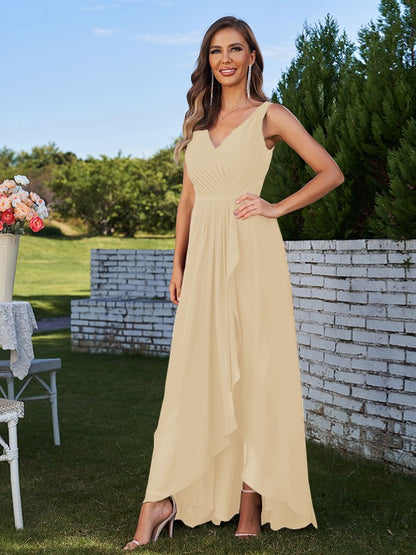 A-Line/Princess Chiffon Ruched V-Neck Sleeveless Floor-Length Bridesmaid Dresses