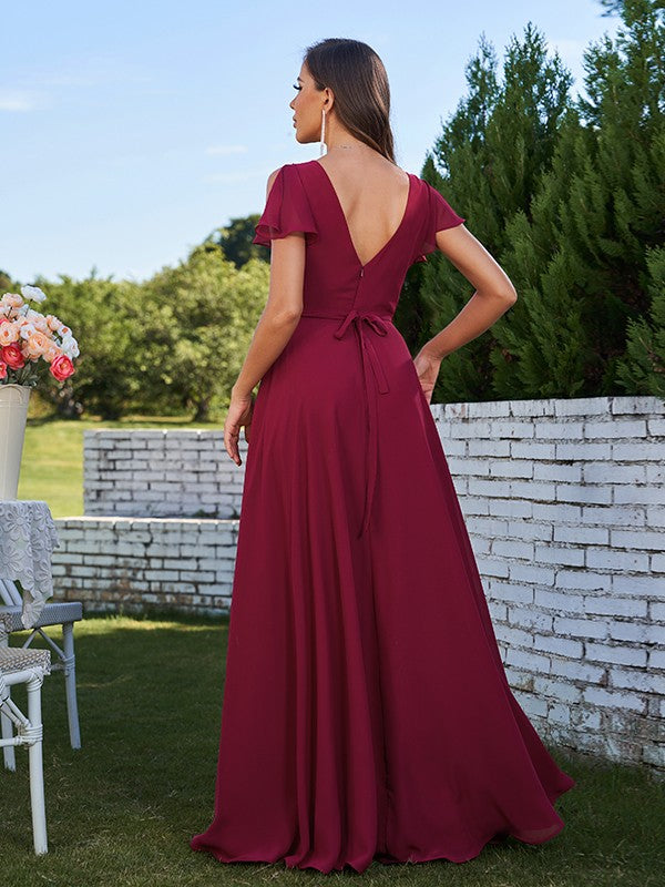 A-Line/Princess Chiffon Ruched V-Neck Short Sleeves Floor-Length Bridesmaid Dresses