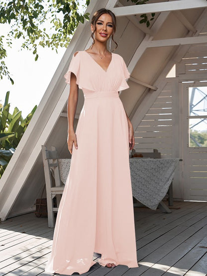 A-Line/Princess Chiffon Ruffles V-neck Short Sleeves Floor-Length Bridesmaid Dresses