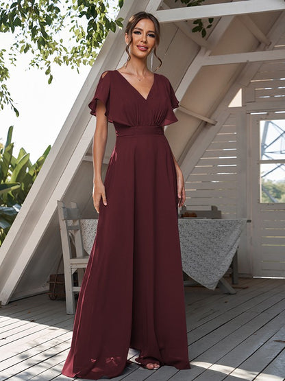 A-Line/Princess Chiffon Ruffles V-neck Short Sleeves Floor-Length Bridesmaid Dresses