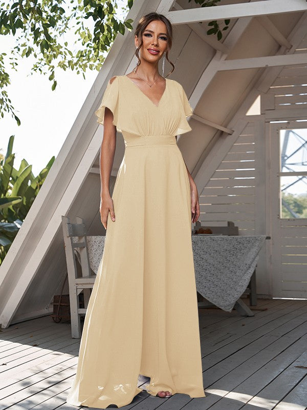 A-Line/Princess Chiffon Ruffles V-neck Short Sleeves Floor-Length Bridesmaid Dresses