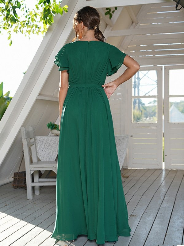 A-Line/Princess Chiffon Ruffles Scoop Short Sleeves Floor-Length Bridesmaid Dresses