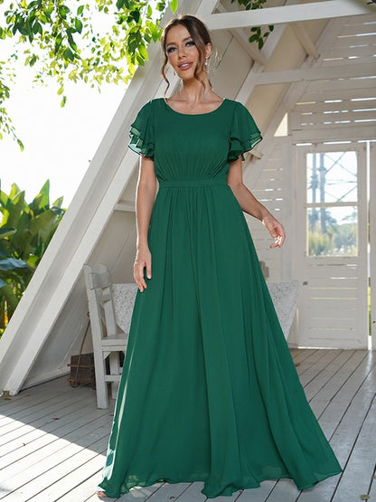 A-Line/Princess Chiffon Ruffles Scoop Short Sleeves Floor-Length Bridesmaid Dresses