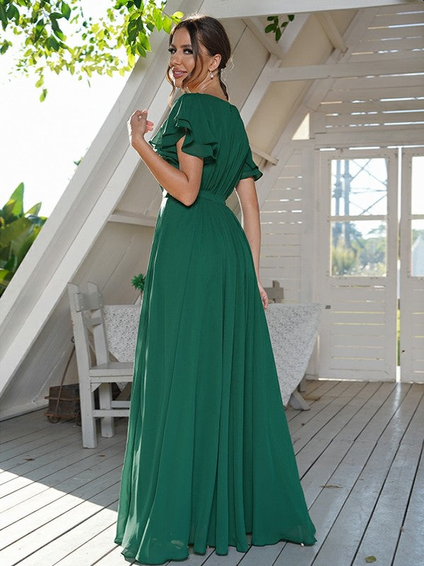 A-Line/Princess Chiffon Ruffles Scoop Short Sleeves Floor-Length Bridesmaid Dresses