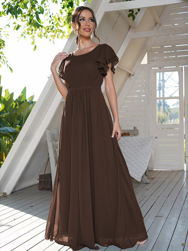 A-Line/Princess Chiffon Ruffles Scoop Short Sleeves Floor-Length Bridesmaid Dresses