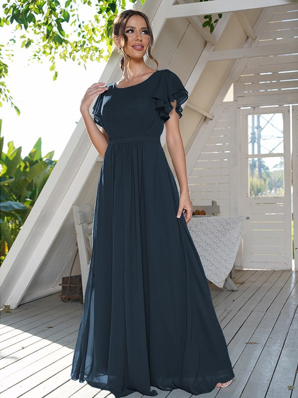 A-Line/Princess Chiffon Ruffles Scoop Short Sleeves Floor-Length Bridesmaid Dresses