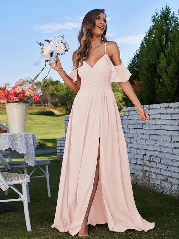 A-Line/Princess Chiffon Ruffles Off-the-Shoulder Sleeveless Floor-Length Bridesmaid Dresses