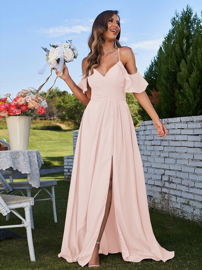 A-Line/Princess Chiffon Ruffles Off-the-Shoulder Sleeveless Floor-Length Bridesmaid Dresses