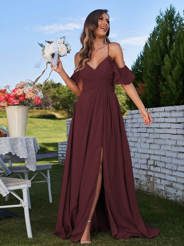 A-Line/Princess Chiffon Ruffles Off-the-Shoulder Sleeveless Floor-Length Bridesmaid Dresses