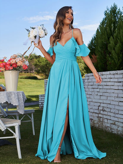 A-Line/Princess Chiffon Ruffles Off-the-Shoulder Sleeveless Floor-Length Bridesmaid Dresses