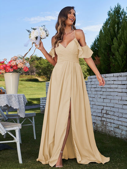 A-Line/Princess Chiffon Ruffles Off-the-Shoulder Sleeveless Floor-Length Bridesmaid Dresses