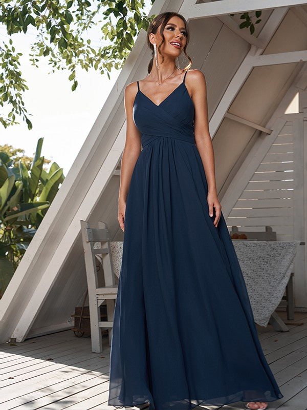 A-Line/Princess Chiffon Ruched V-neck Sleeveless Floor-Length Bridesmaid Dresses