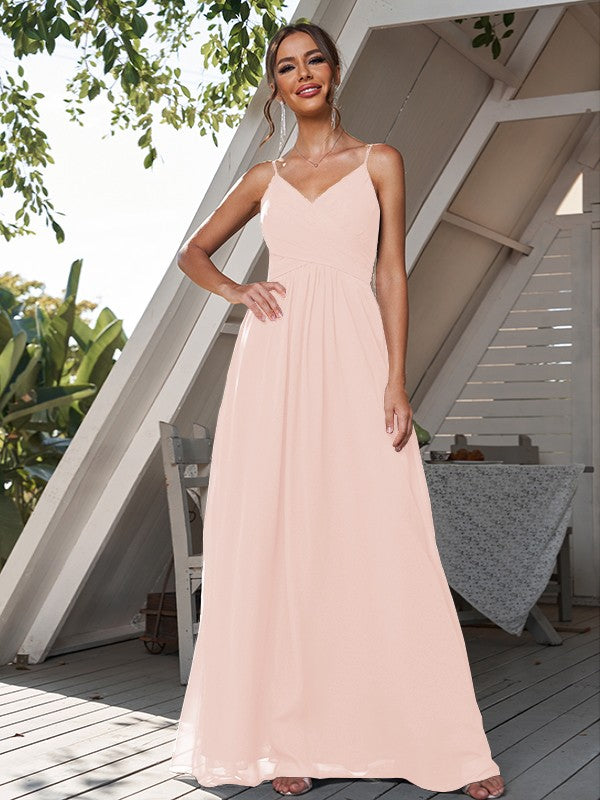 A-Line/Princess Chiffon Ruched V-neck Sleeveless Floor-Length Bridesmaid Dresses