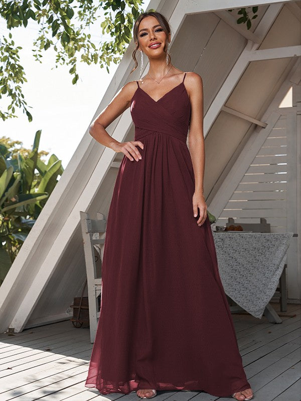 A-Line/Princess Chiffon Ruched V-neck Sleeveless Floor-Length Bridesmaid Dresses