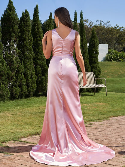 A-Line/Princess Elastic Woven Satin Ruched V-neck Sleeveless Sweep/Brush Train Bridesmaid Dresses