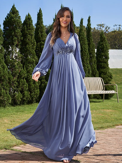 A-Line/Princess Chiffon Applique V-neck Long Sleeves Floor-Length Bridesmaid Dresses