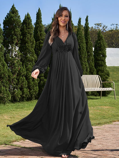 A-Line/Princess Chiffon Applique V-neck Long Sleeves Floor-Length Bridesmaid Dresses