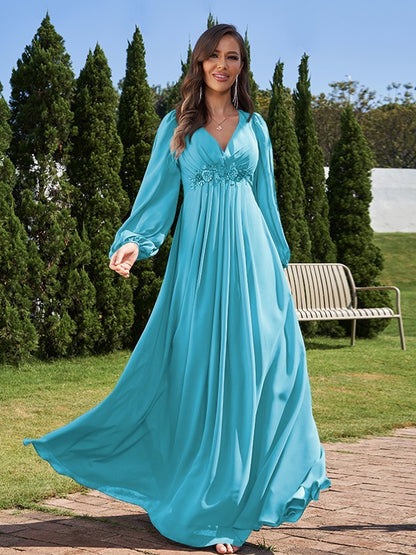 A-Line/Princess Chiffon Applique V-neck Long Sleeves Floor-Length Bridesmaid Dresses