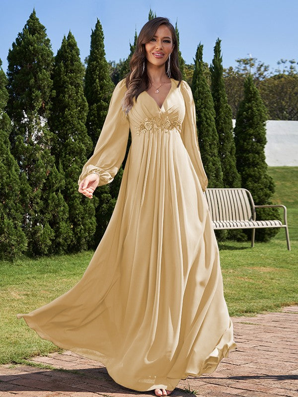 A-Line/Princess Chiffon Applique V-neck Long Sleeves Floor-Length Bridesmaid Dresses