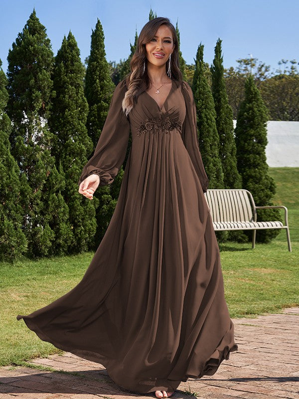 A-Line/Princess Chiffon Applique V-neck Long Sleeves Floor-Length Bridesmaid Dresses